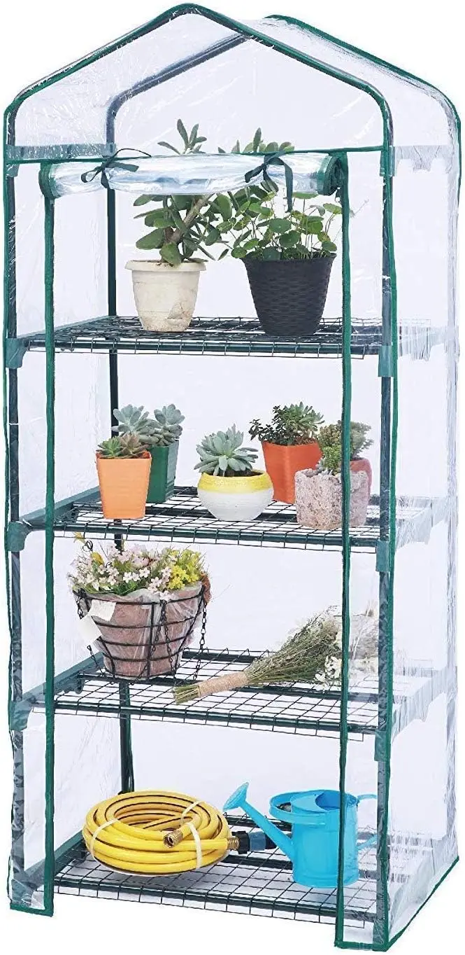 

4-Tier Mini Greenhouse, 63"H x 27"L x 19"W, Portable with PVC Cover for Indoor/Outdoor Plants