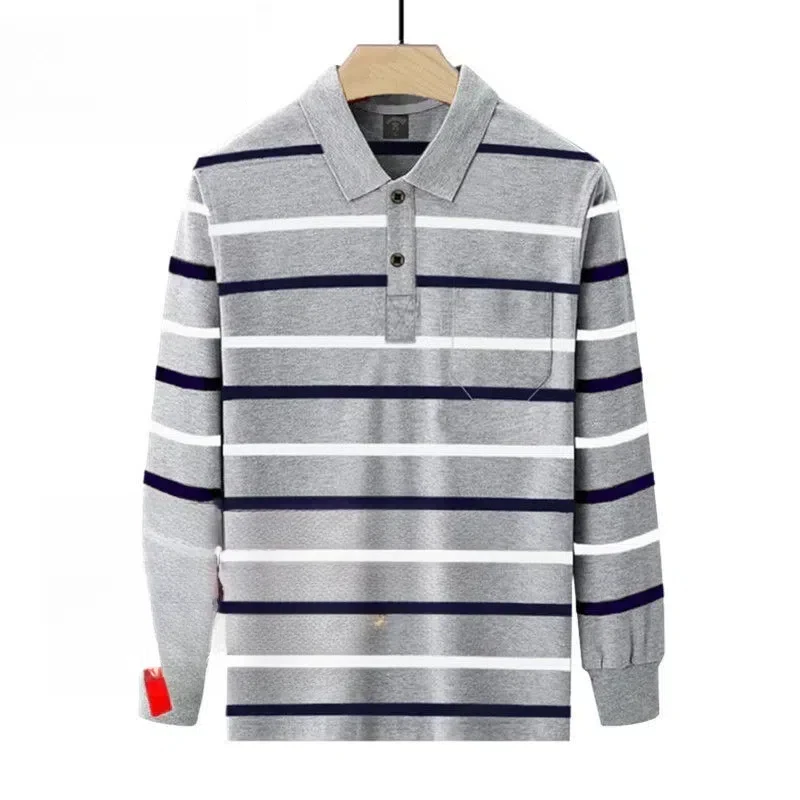 Men\'s Clothing Spring Autumn Turn-down Collar Long Sleeved Striped Button Contrast Color T-shirt Formal Casual Fashion Tops