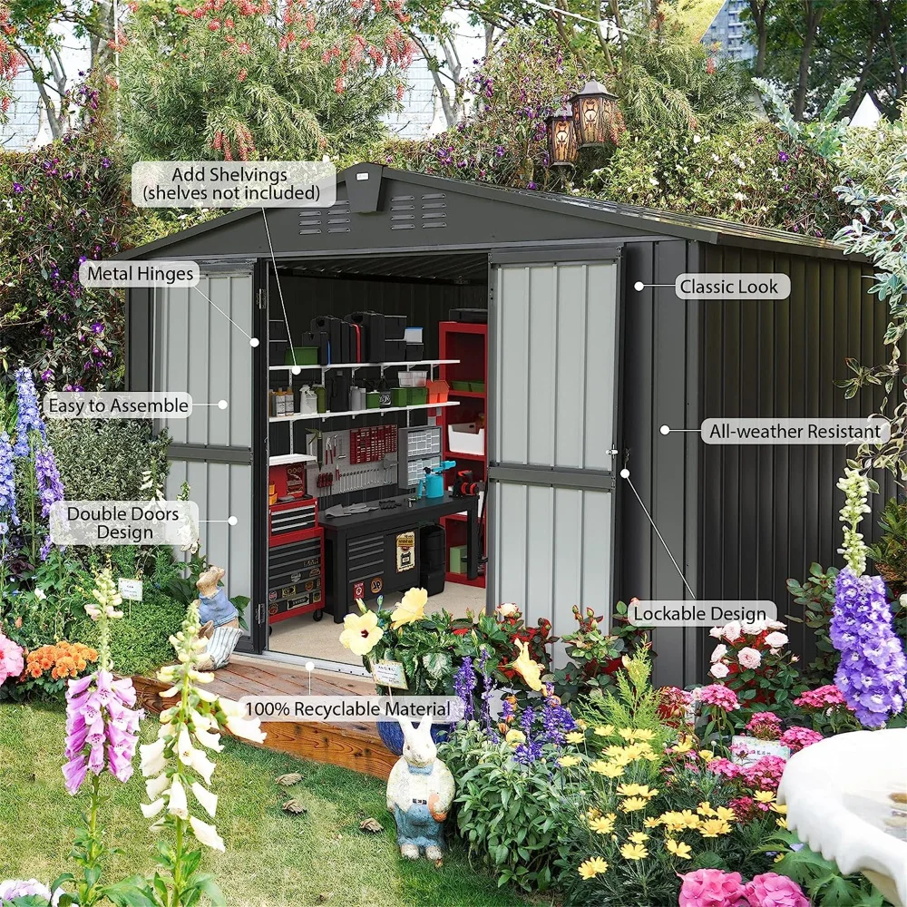 Outdoor Storage Shed 10'x 8', Metal Garden Shed for Bike, Trash Can, Tools, Galvanized Steel Outdoor Storage Cabinet with Lockable Door for Backyard, Patio, Lawn (10x8ft, Dark Gray)
