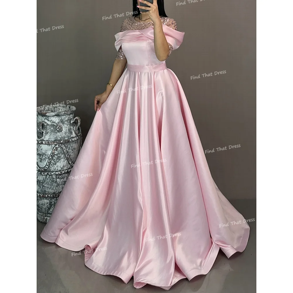 

Custom Made Modern O-neck Sequins Shiny A-line Draped Floor Length Evening Dress 3/4 Sleeve Lace up Back Party Dress with Court