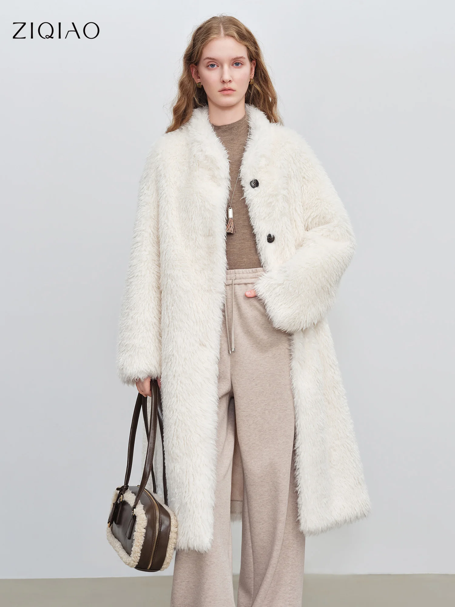 ZIQIAO Petite Women's Mid-Length Stand Collar Korean Style White Duck Eco-Friendly Faux Fur Coat 2025 Winter New Arrival Coats