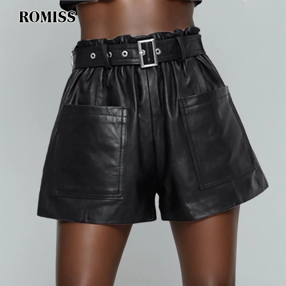 

ROMISS Streetwear Short Pants For Women High Waist Patchwork Colorblock PU Leather Shorts Female Summer Clothing Style New 2024