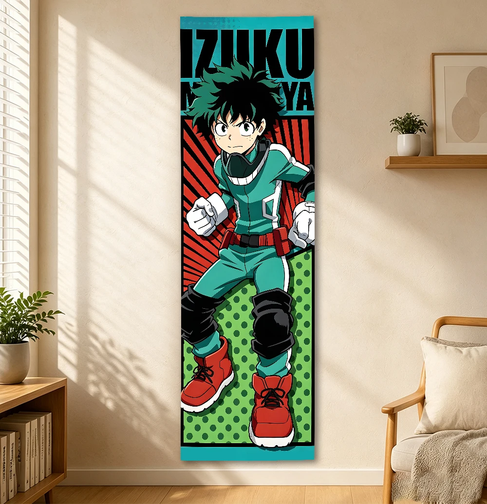 Vertical Long Anime Boy Tapestry Green Spiky Hair Hero Character Wall Hanging Retro Burst Polka Dot Background Wall Cloth For