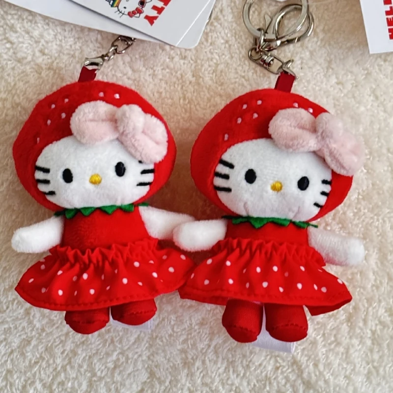 New Cartoon Kitty Plush Keychains Cute Red Strawberry Shaped Kitten Plush Toy Doll Girl Backpack Pendant Hanging Decorative Gift