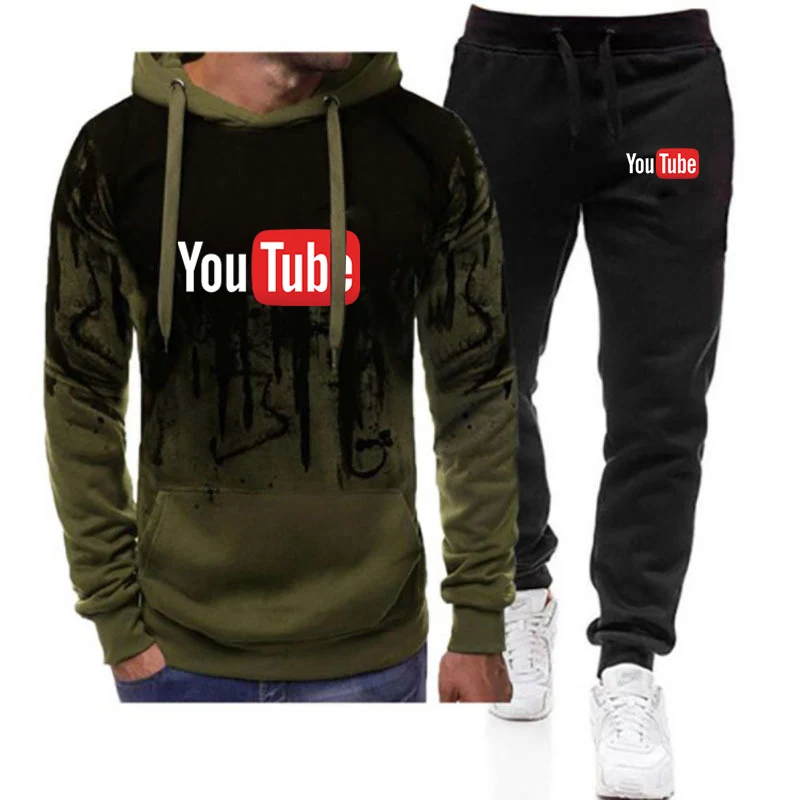 YouTube Men's New Hooded Sweater Hoodies + Pants Two Pieces Set Spring And Autumn Gradient Hoodies Casual Sweatpant Jackets Suit