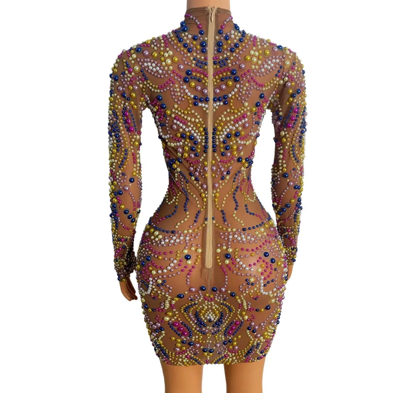 Yeguang Women Nude Mesh Multicolor Pearl Rhinestone Dress Long Sleeve High Neck Crystal Embellished Birthday Party Outfit - view 4