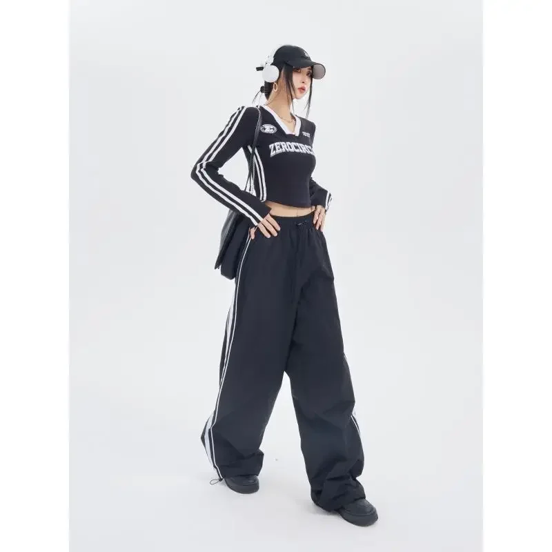 Manga longa/curta com decote em V, moda coreana, t-shirt esportiva