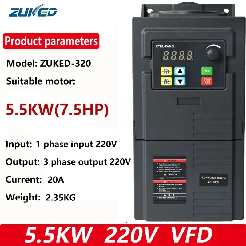VFD with cable 5.5KW 220V Variable Frequency Drive Converter 3phase 220V Motor Speed Controller ZUKED