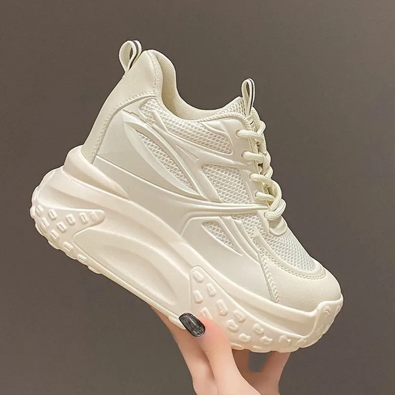 

Модные женские кроссовки на высоком каблуке, повседневные кроссовки на массивном каблуке, осень-весна, дышащая женская обувь на высокой платформе 10 см на танкетке, летняя сетчатая обувь