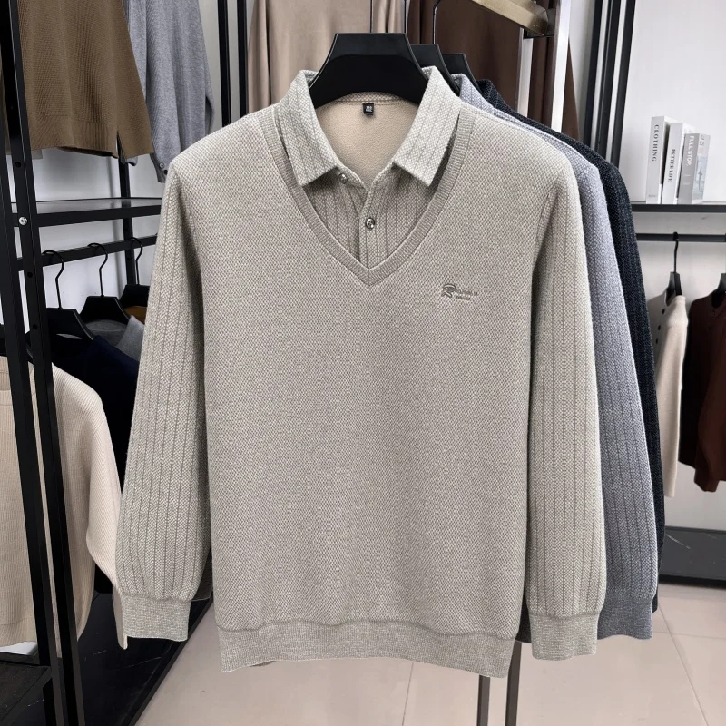 Brand Luxury Men's Plush Wool-Lined Knitted Sweater Patchwork Striped Lapels One-piece Fleece Thickened Menswear Warm Pullovers