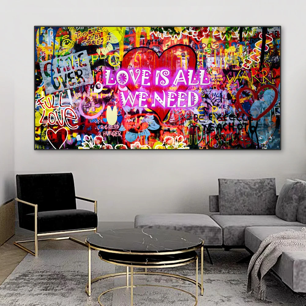 لوحة فنية للجدران على الجدران في الشوارع ، ملصق ملون نيون تجريدي ، مطبوعات ، صور ، الحب هو كل ما نحتاج إليه ، ديكور المنزل الحديث