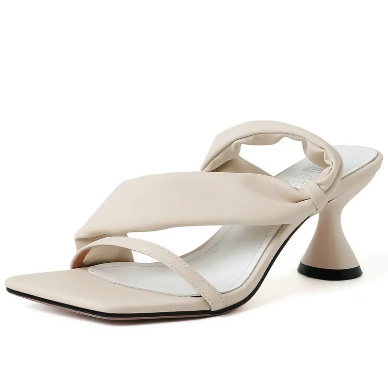 

2023 Thin High Heel Women Slippers Summer Fashion Genuine Leather Lady Sandals Elegant Party Prom Shoes Woman Size 34-40