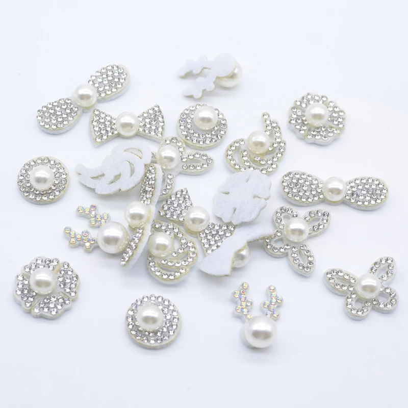 30Pcs Pearl Decor Circle Bow Tie Antlers Butterfly Wings Snowflake Padded Rhinestone Applique for DIY Clothes Headwear Patches