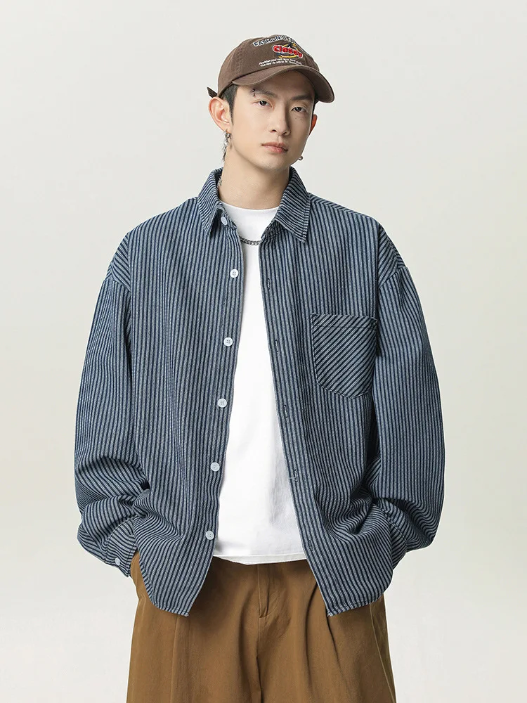 Denim striped long-sleeved shirt for men, spring style, back stitching design, Japanese retro casual blue shirt jacket