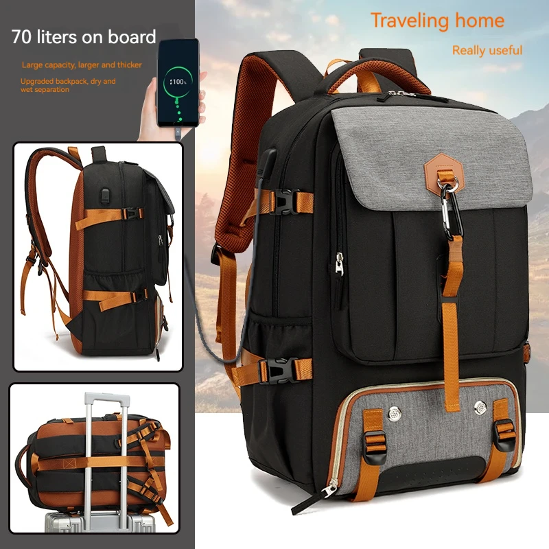 トラベルバックパック-50l、17インチの男女兼用ラップトップバックパック、usbインターフェースと専用コンパートメント付き
