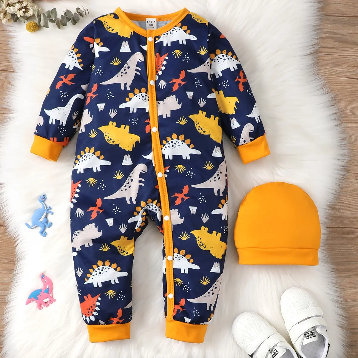 1-24 Months Baby Boy Cute Soft Comfortable Open Front Lap Lap Dinosaur Pattern Onesie & Striped Net Color Hat Spring And Autumn