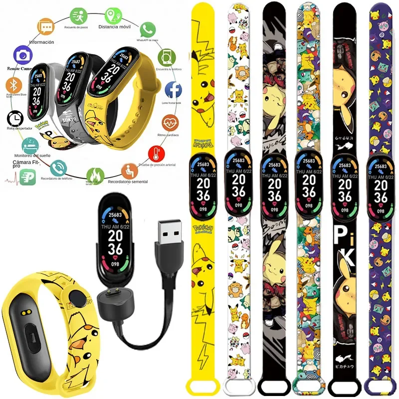 Pokemon Pikachu jam tangan pintar, gelang Pedometer tekanan jantung elektronik, hadiah karakter Anime anak-anak, dapat diisi ulang