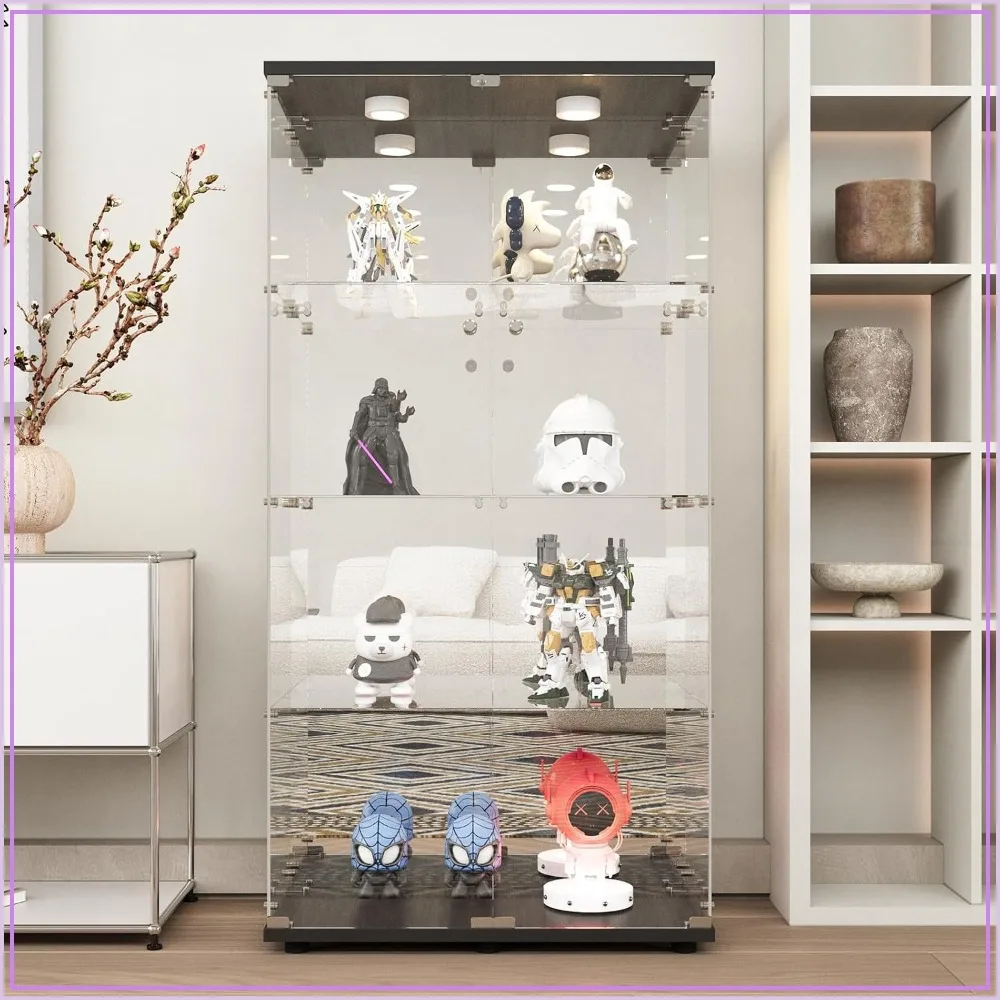 Beauty4U Black Glass Display Cabinet with LED & Mirror, 4-Shelf Curio Cabinet