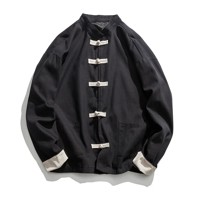Plus Size Chinese Style Tang Suit Jacket Linen Mens Tops Long Sleeve Traditional Kung Fu Tai Chi Clothes Hanfu Shirt with Pocket