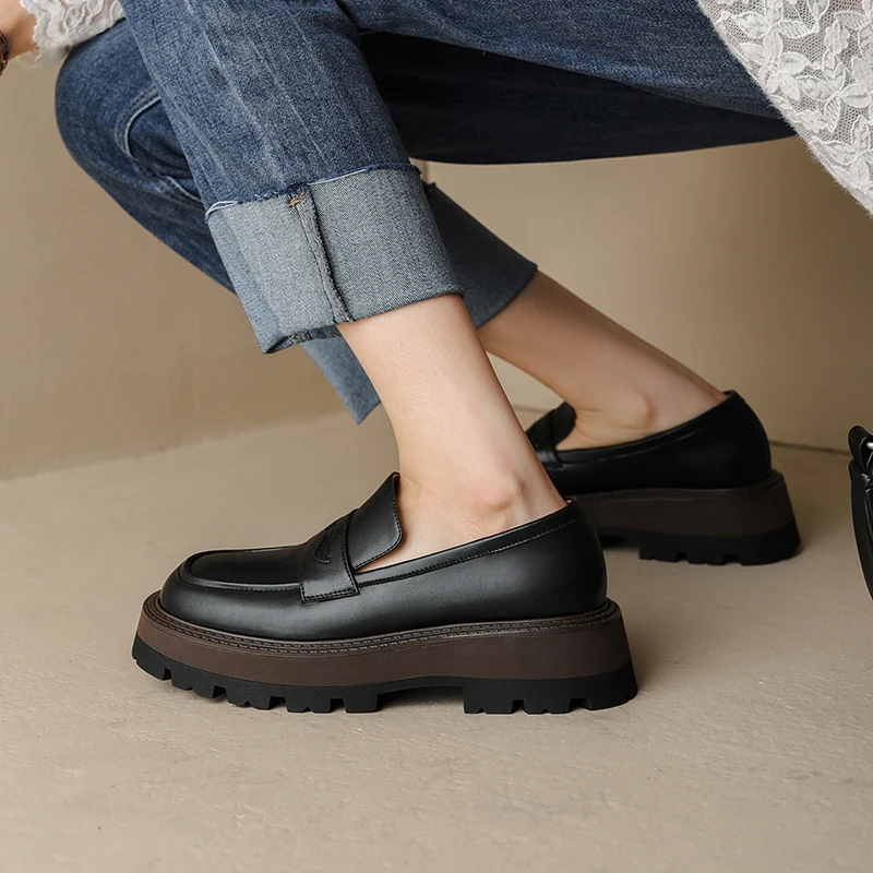 2022 New Spring Genuine Leather Platform Shoes Women Shoes Casual Slip-On Loafers Round Toe Shoes Woman Zapatos De Mujer Women