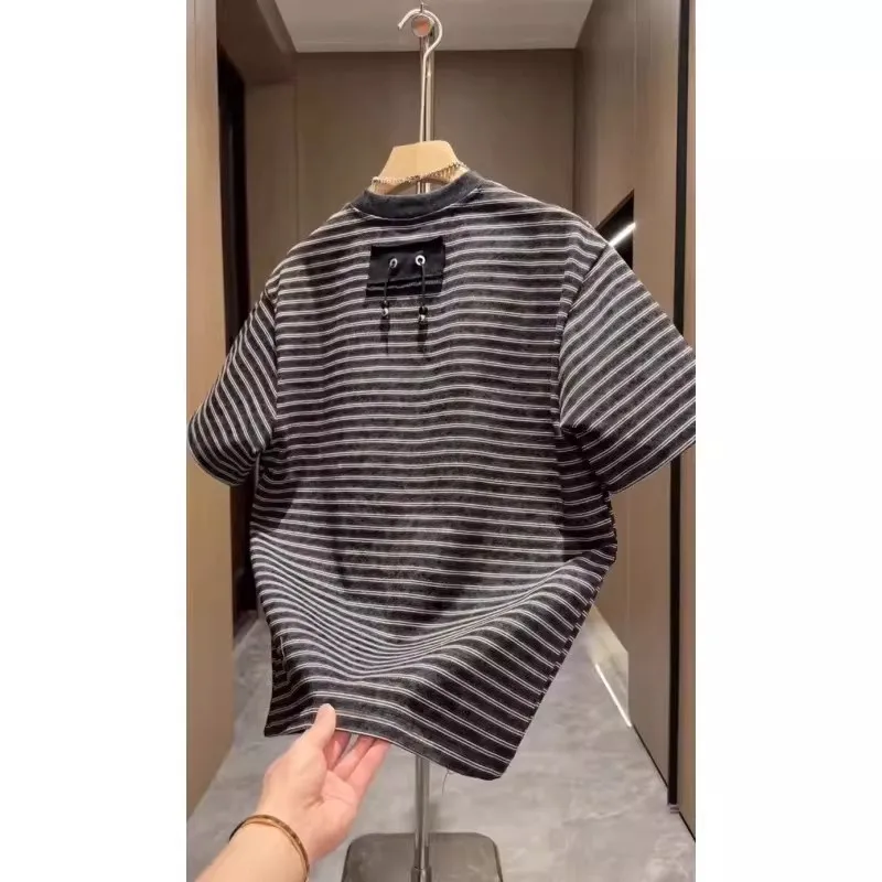 Summer Loose Men's T-shirt Striped Short Sleeve 300 Pounds plus Size Hong Kong Style Retro Design Casual Comfortable Polyeste...