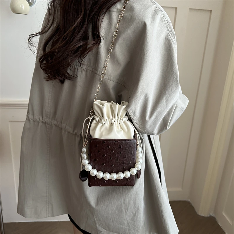 Women's Ostrich Texture Tote Bag Pearl Handle Shoulder Bag with Drawstring Contrast Patchwork Casual Handbag