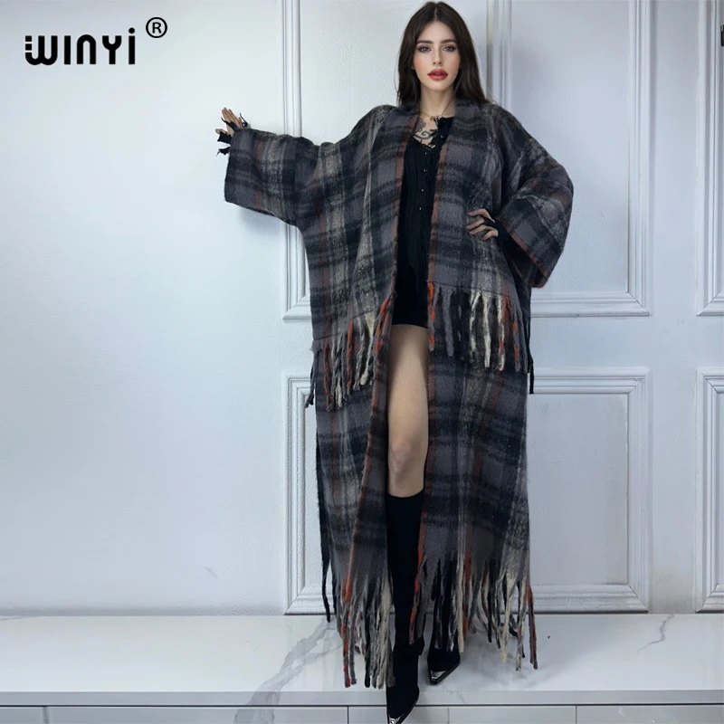 WINYI Africa loose cardigan winter clothes for women check print Luxury Fur coat maxi Thick Warm long down coat tassels jacket