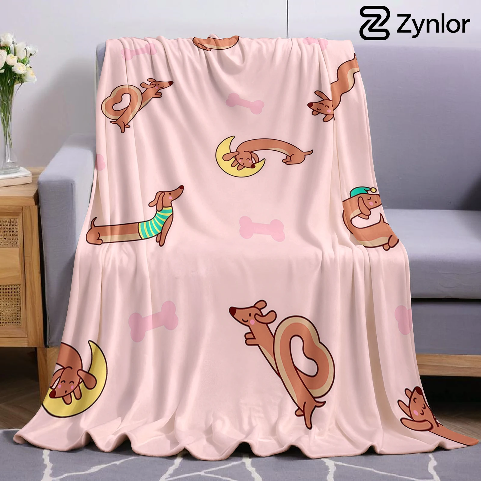 Pink Base Dachshund Bone Lightweight Microfiber Soft Christmas Fleece Blanket Warm Cozy Throw for Sofa Office Travel All Season