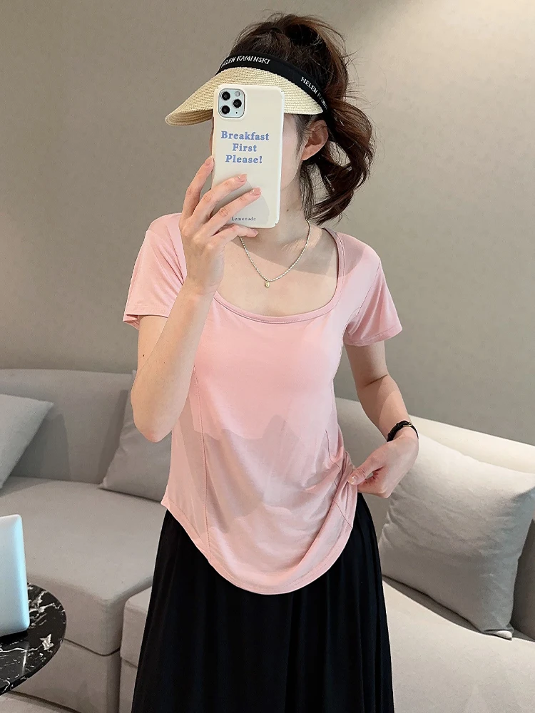 Slim Fit Kleur Modaal Vierkante Kraag T-shirt Dames Zomer Nieuwe Sle Thin Ort Sve Base Irt Faion Dames T-shirt