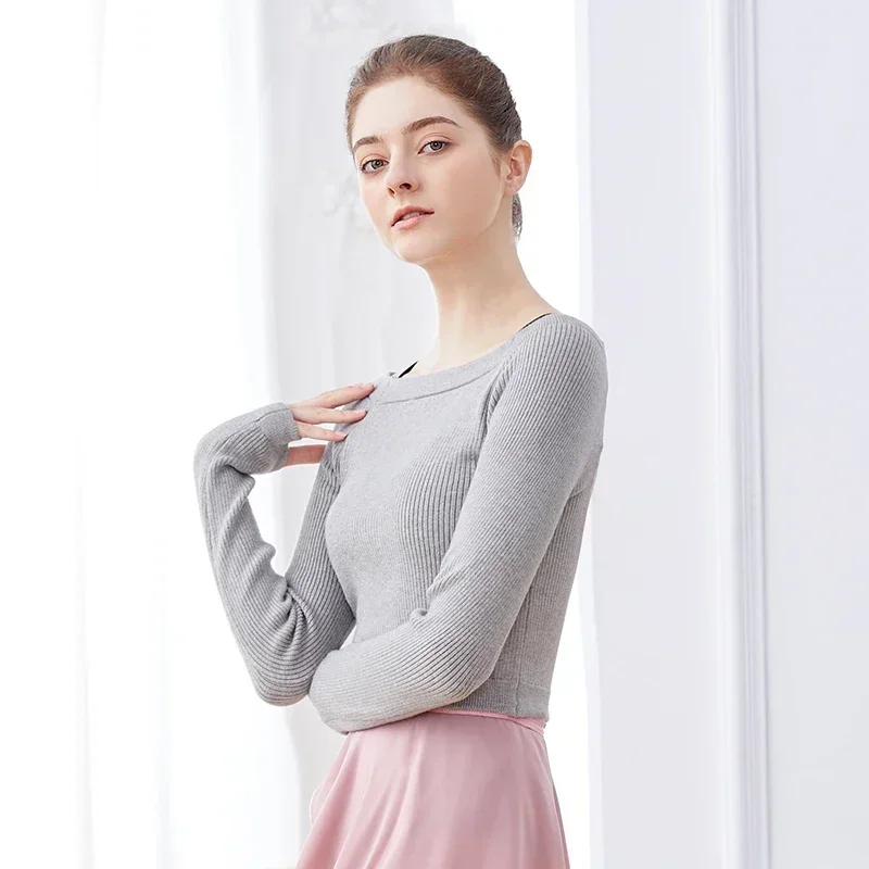 Top da balletto da donna Maglione termico Top corto da ballo grigio Cappotto da balletto Maglione lavorato a maglia Maglione da ballo con scollo a barca a maniche lunghe invernale
