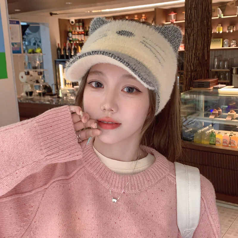 Cute Cat Ear Baseball Hat Female Winter Warm Furry Empty Top Peak Cap Korean Spring Autumn Sports Running  Knitted Woolen Sunhat