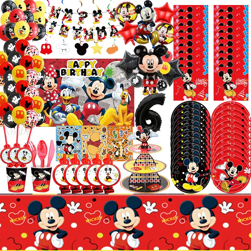 Mickey Mouse Birthday Party Decorations Tableware Set Plates Cups Bag Straws Card Balloon DIYSticker Backdrop Party Supplies