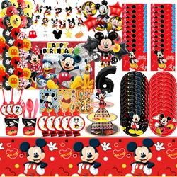 Decoraciones para fiesta de cumpleaños de Mickey Mouse, juego de vajilla, platos, tazas, bolsa, pajitas, tarjeta, globo, pegatina DIY, suministros para fiesta de fondo