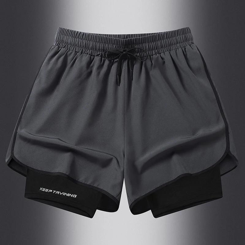 Summer Men's Elastic High Waisted Patchwork Bandage Solid Drawstring Pockets Casual Sports Loose Trousers Preppy Style Shorts