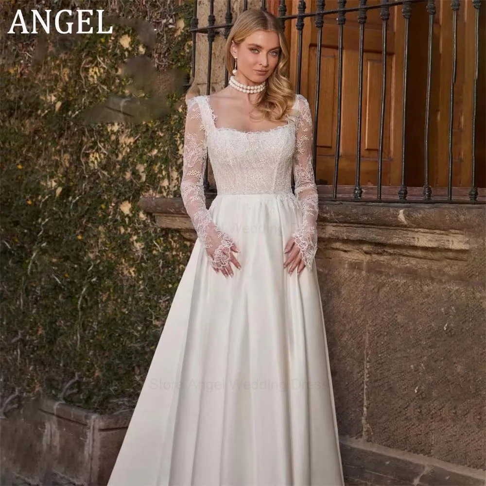 ENGEL Aangepaste Mode Satijnen Trouwjurk 2026 Kanten Bruidsjurk A-lijn Vierkante Kraag Lange Mouw Sweep Trein Lange Bruidsjurk