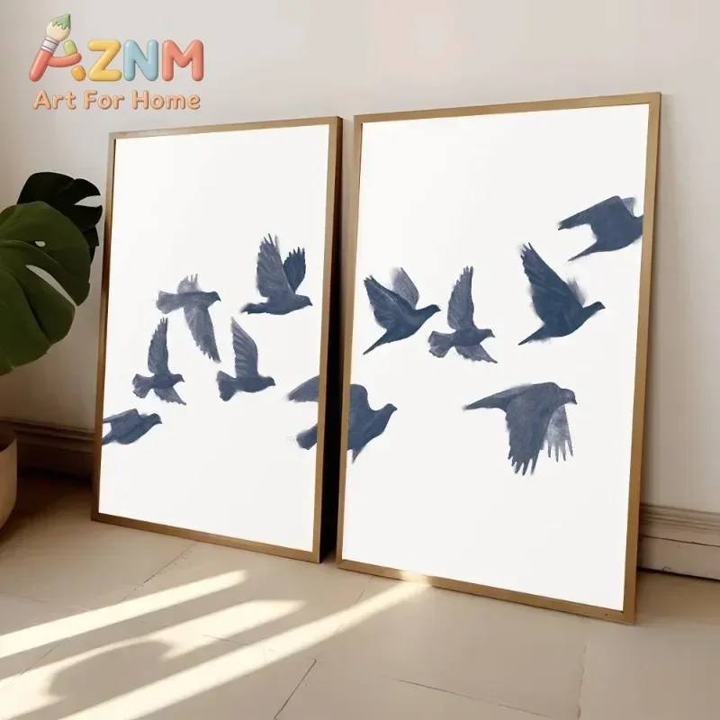 AZNM Navy Blue Flying Birds Canvas Wall Art Minimalist Dove Watercolor Print Poster Neutral Home Decor