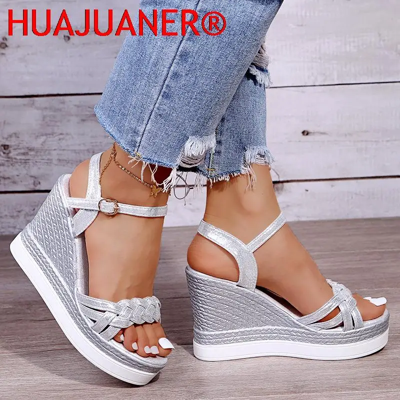 Women Summer Wedge Heel Sandals Platform Sandals Strap Open Toe Chunky Bottom Casual Shoes 2023 Gold Silver Pink Sandals 10cm