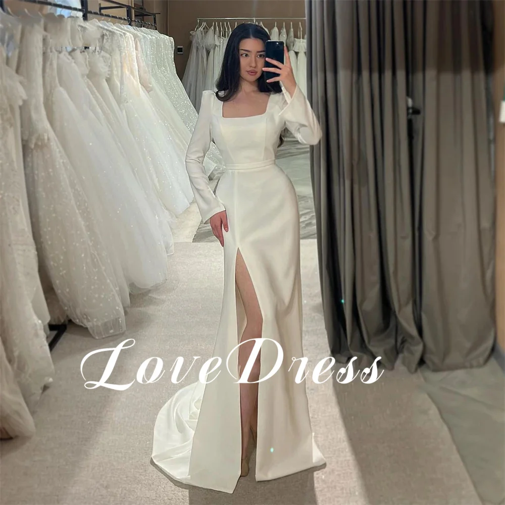 

Love Elegant Long Sleeve Square Collar Stain Mermaid Wedding Dress Simple Ivory High Side Slit Floor Length Charming Bridal Gown