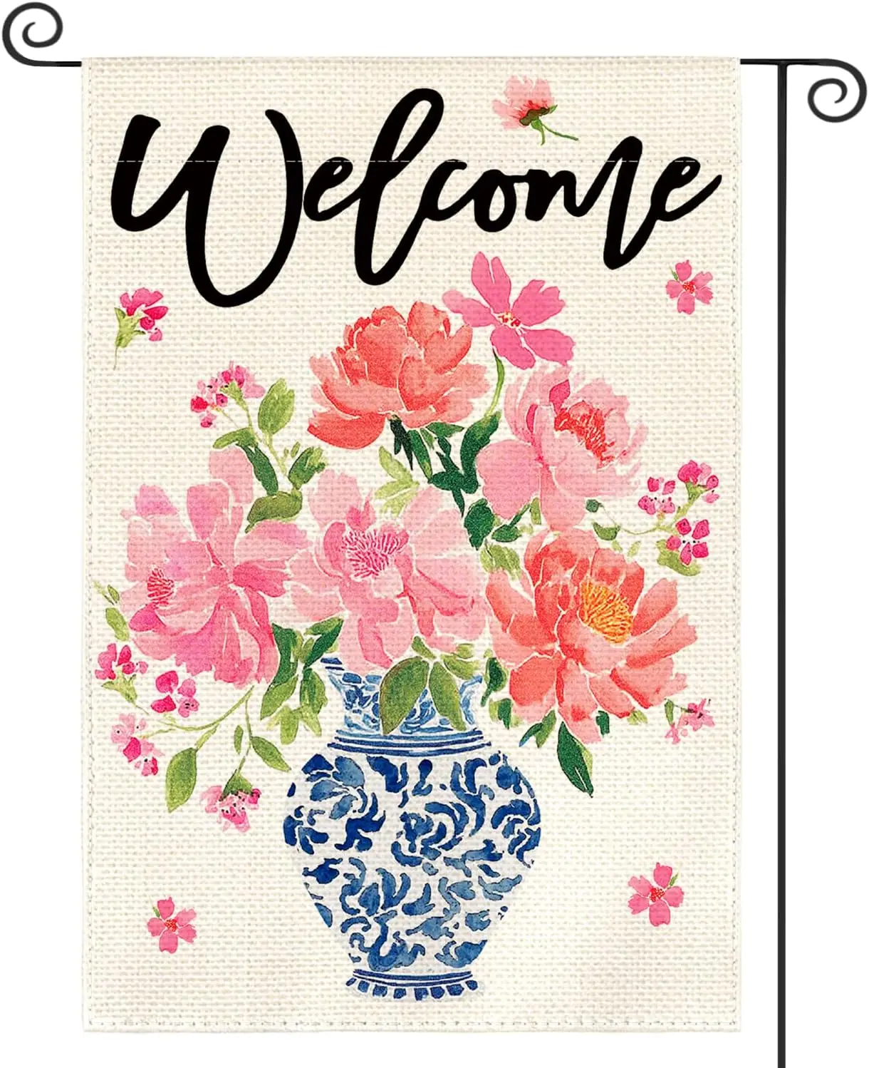 AVOIN colorlife Pink Peony Spring Floral Garden Flag 12x18 Inch Double Sided Outside, Blue and White Chinoiserie Seasonal We PPZ