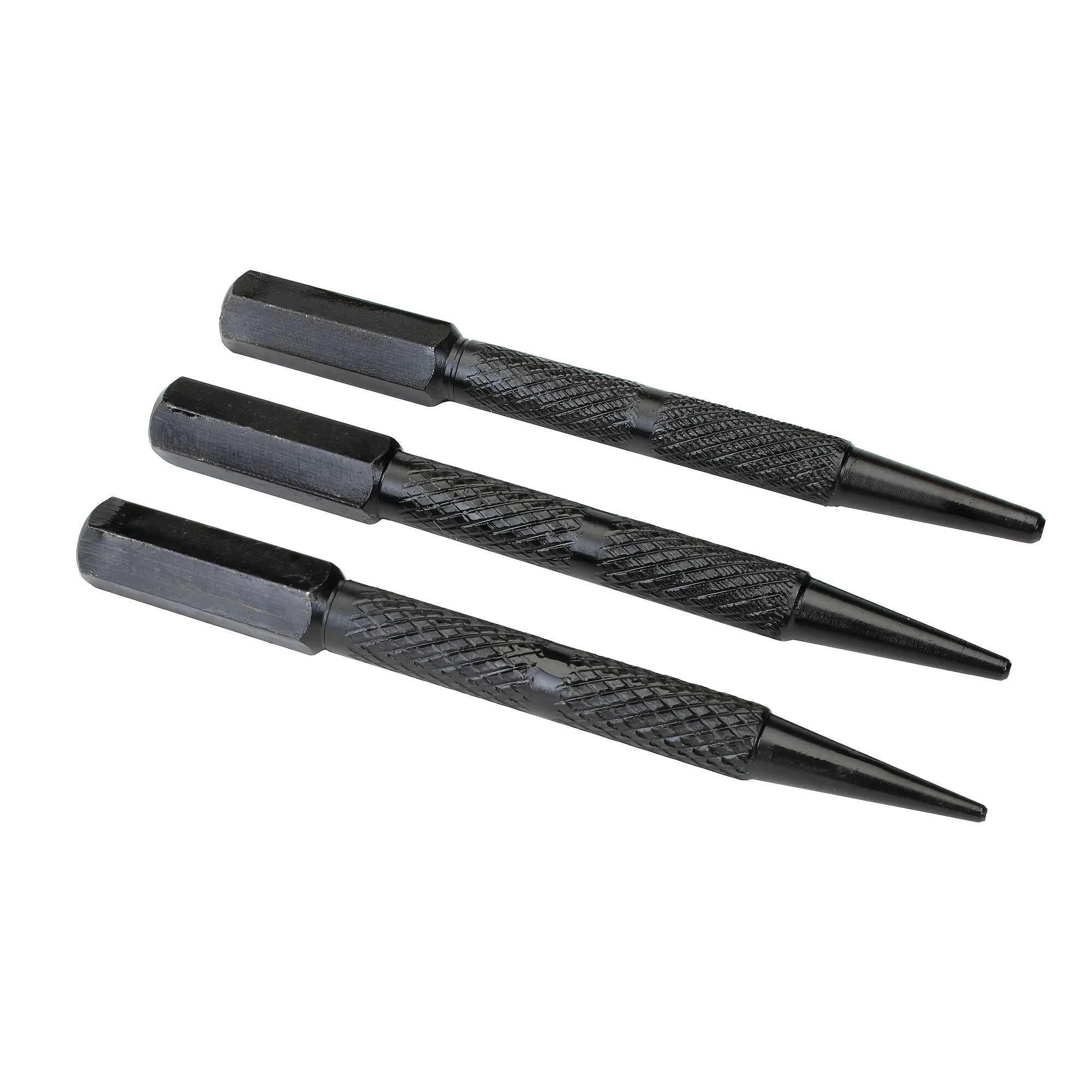 Three-piece nail punch and center punch set, hardened CR-V steel strap with knurled grip.
