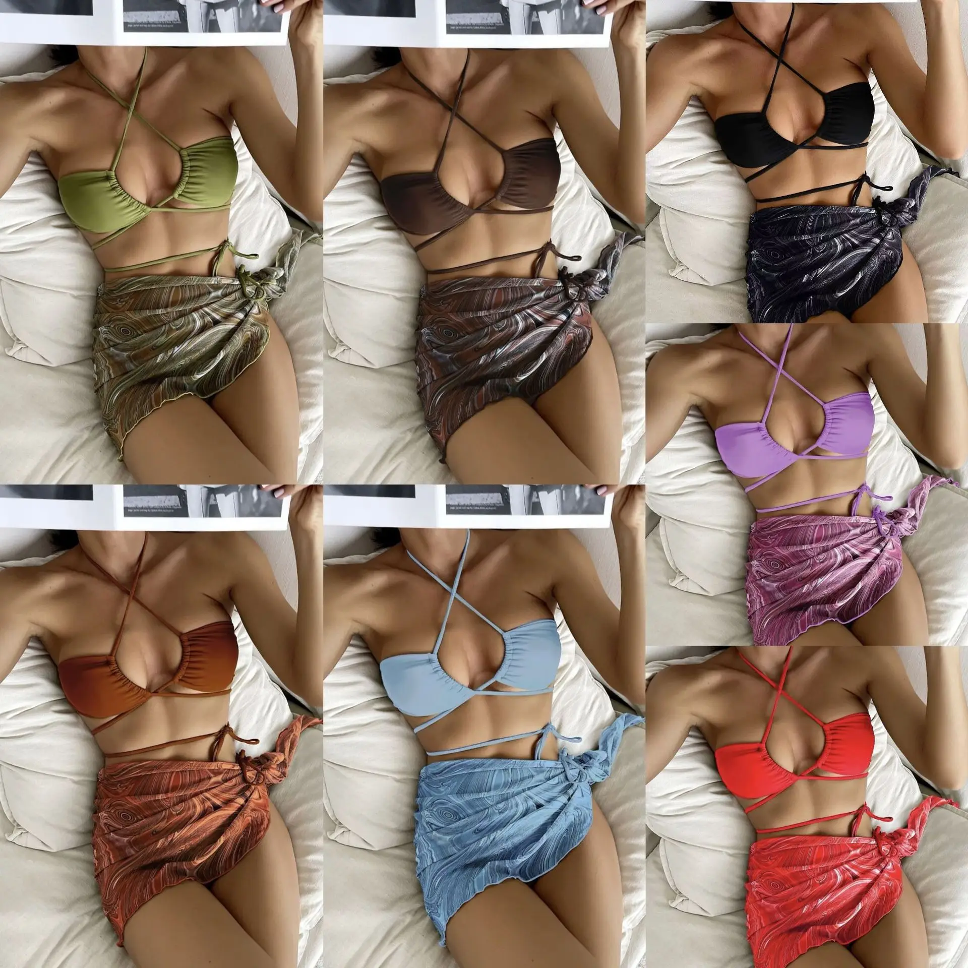 New Drawstring Strap Short Skirt Mesh Three-piece Swimsuit Bikini Bikini