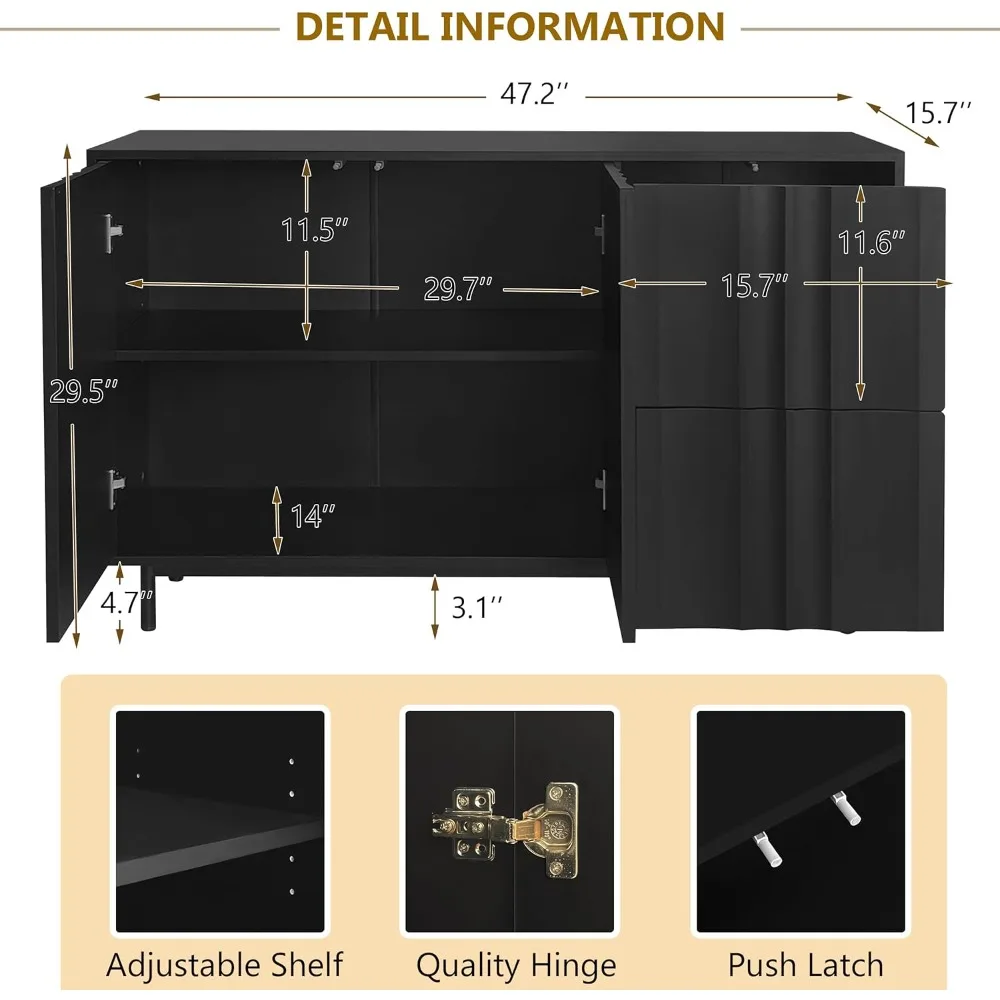 Modern Sideboard Storage Cabinet 47-Inch Credenza Dining Buffet Console Table Cabinet with Drawers & Adjustable Shelf