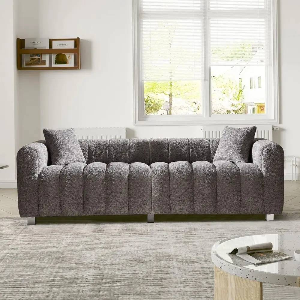

Grey Oversized Boucle Fabric 3-Seater Sofa with Deep Seat and 2 Accent Pillows for Living Room