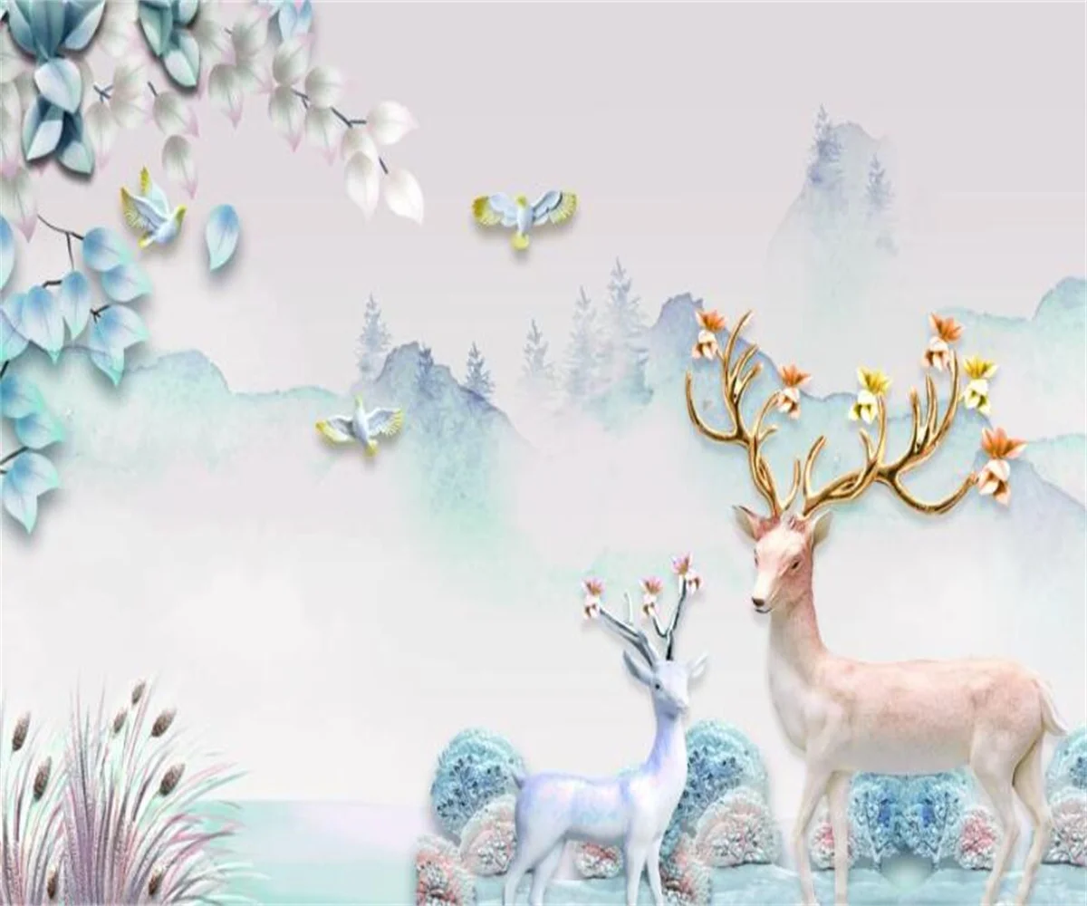 Customized Size Wallpaper Nordic Elk Tree Stickers Home Decor Cartoon Animals Rainforest Plants Leaves Flowers 3d wallpaper