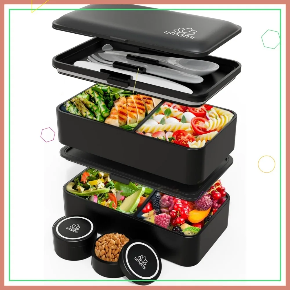 

Adult All-in-One Bento Box with Utensils, Leakproof, Microwave & Dishwasher Safe, Stackable Lunch Container, Matte Black