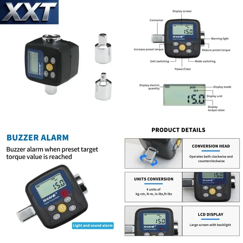 XXT Shahe Digital Torque Wrench Adapter Electronic Torque Tool Includes Adapters for Automotive, Biking, Home Repairs