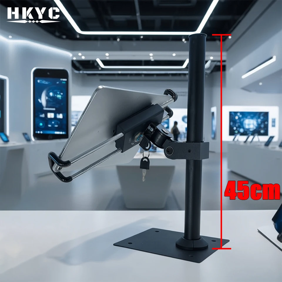 Secure Lockable Metal Tablet Stand 45cm Adjustable Height 360° Rotation Fits 6.3-12.9'' Tablets Anti-Theft for Exhibition Halls