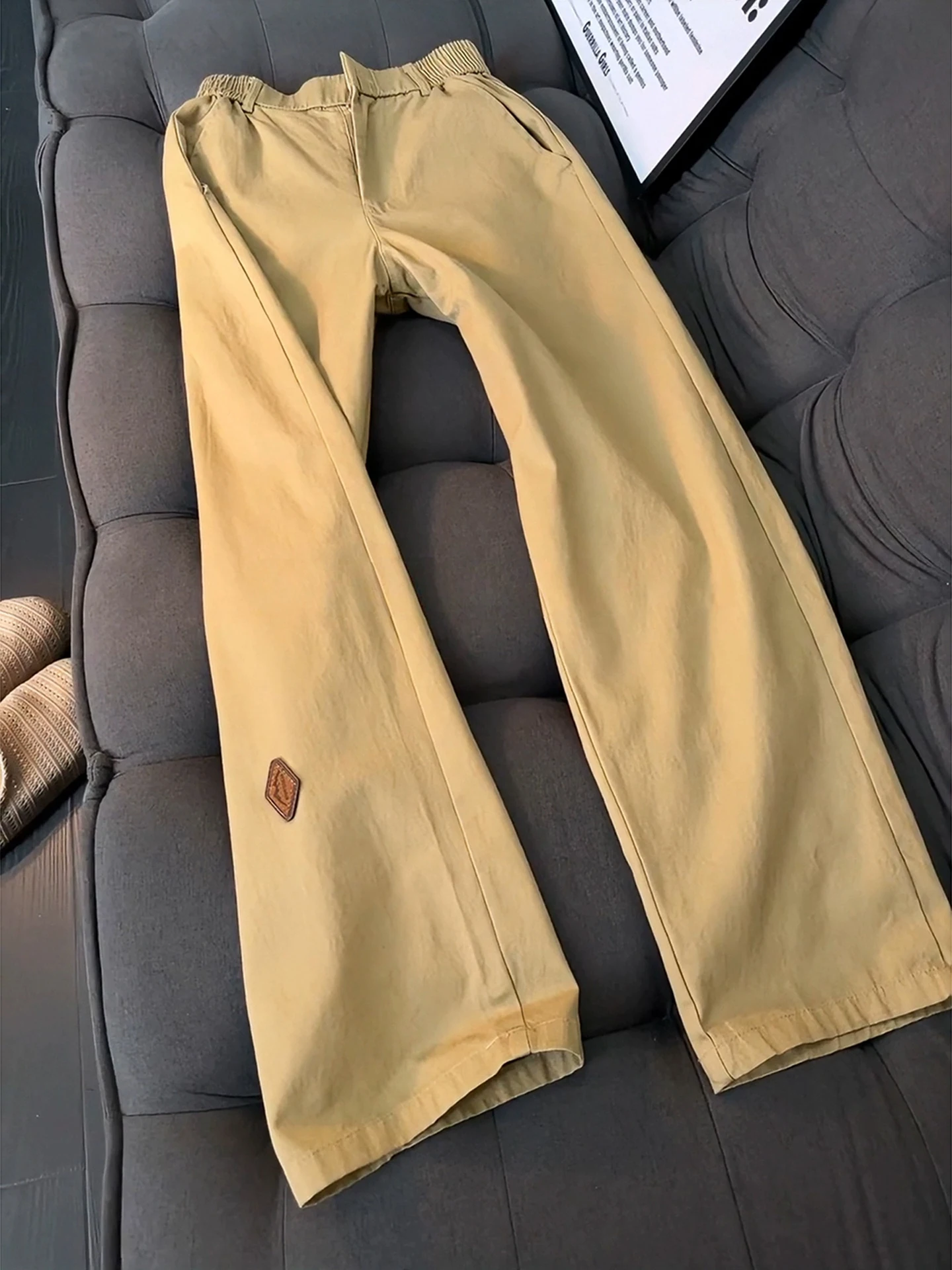 

Khaki Color Men's Autumnal American Retro Waed Cotton Workwear Pants Knife Bell Bot High Waist Straight Leg Trousers