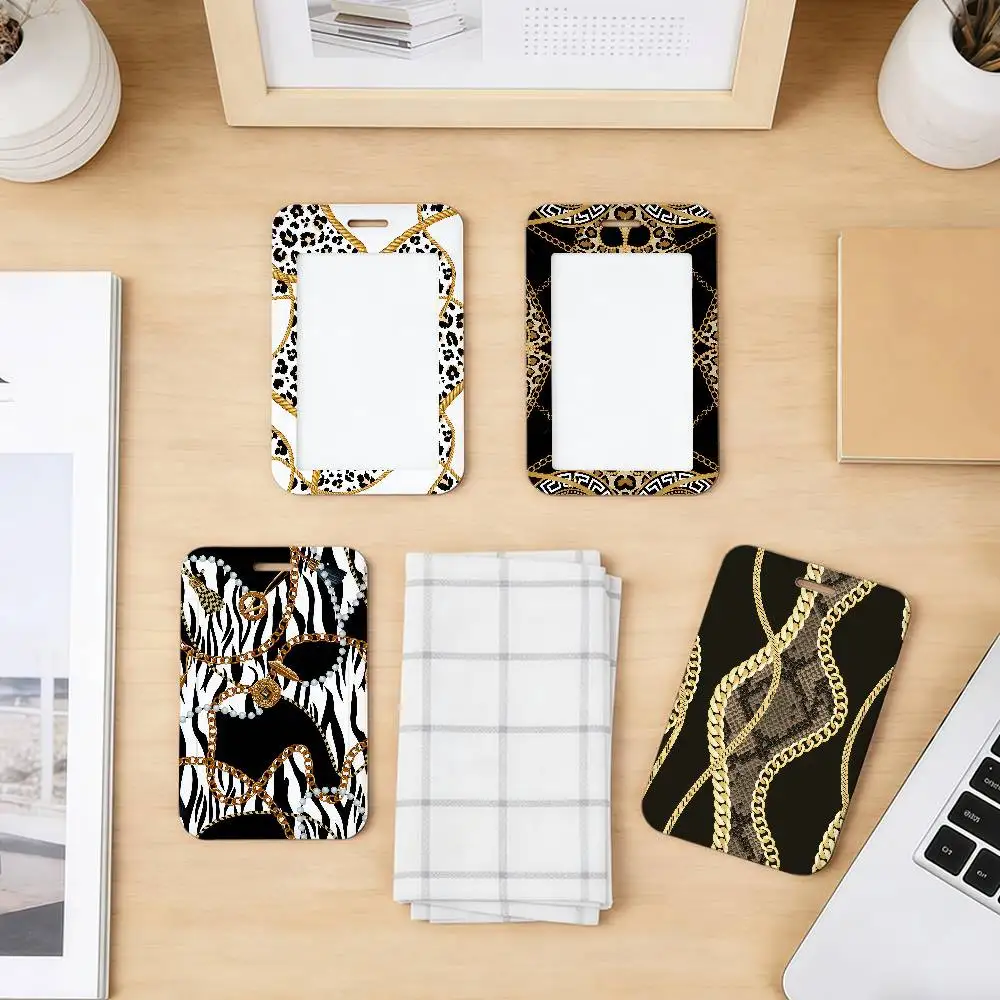 Baroque style leopard snakeskin pattern School Card Access ID Card Holder Bus Meal Card Protective Sleeve Easy Push gift