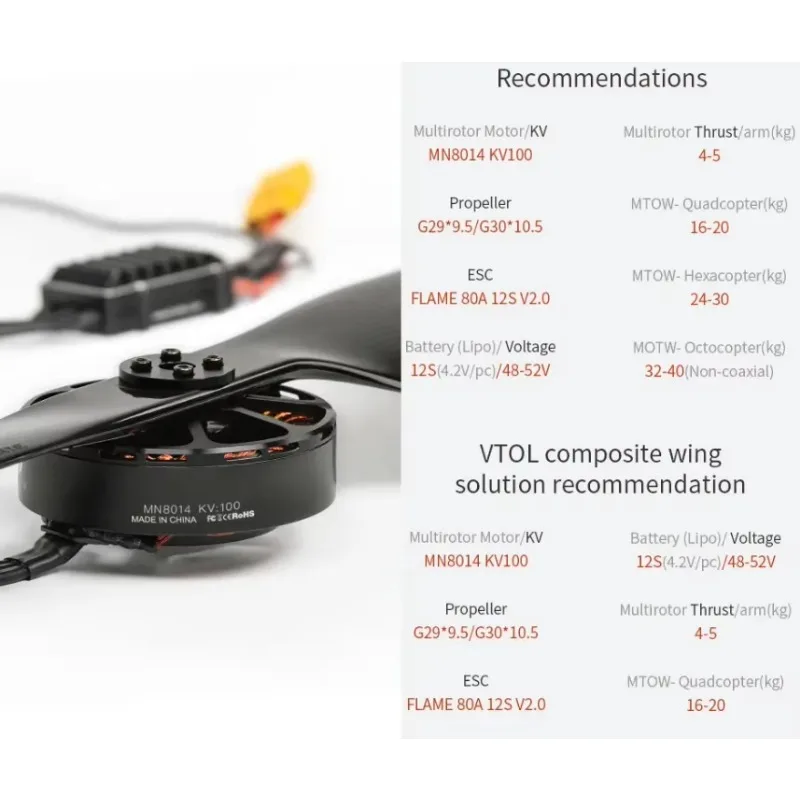 SkyDElT-MOTOR Antigravity MN8014 KV100 12S Brushless Motor Outrunner Thrust 13.9KG For Multirotor RC VTOL